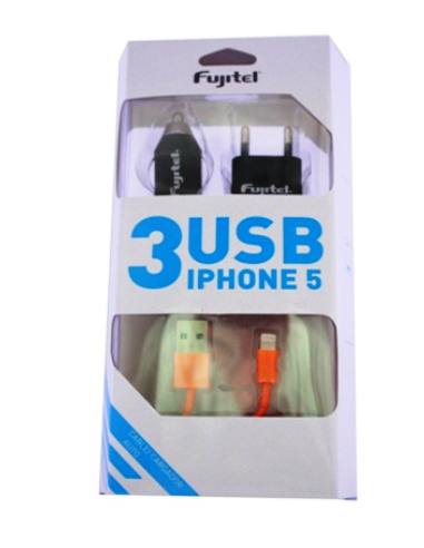 Pack  Fujitel 3 EN 1 IPHONE5 - CARGADOR - CABLE - ADAP.12V -
